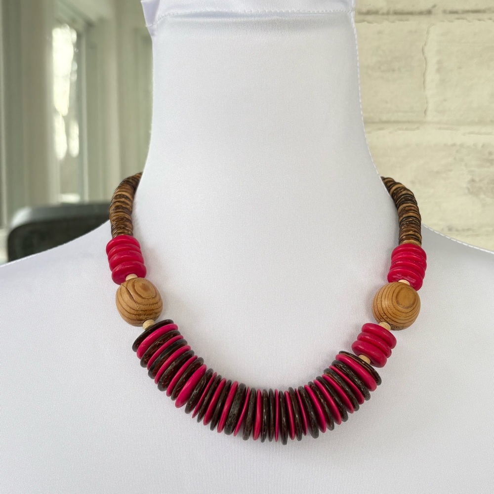 Wooden Brown Pink Disk Statement Necklace